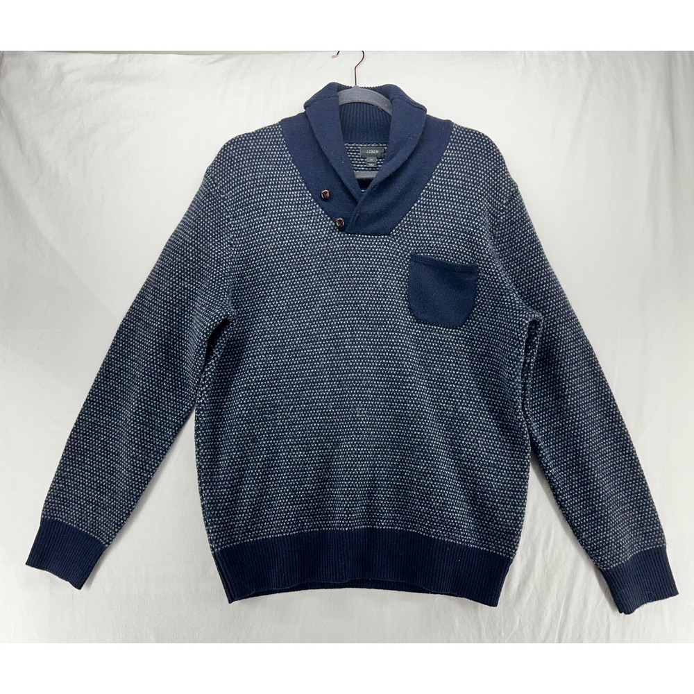 J.Crew Mens Shawl Collar Lambswool Sweater Navy Blue Birds Eye Knit Size M